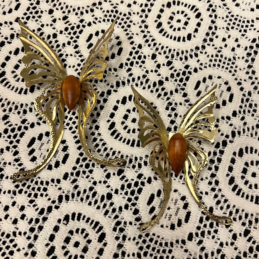Vintage Homco Brass Filigree & Wood Butterfly Wall Plaques | Set of 2 | Cottage